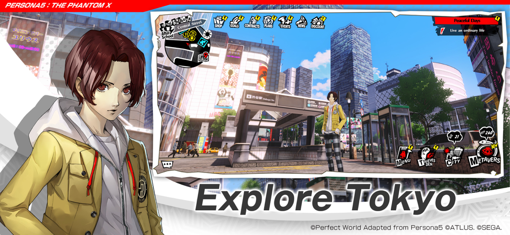 P5X | Persona5: The Phantom X - Un personnage se tenant sur une place de Tokyo dans Persona 5 The Phantom X