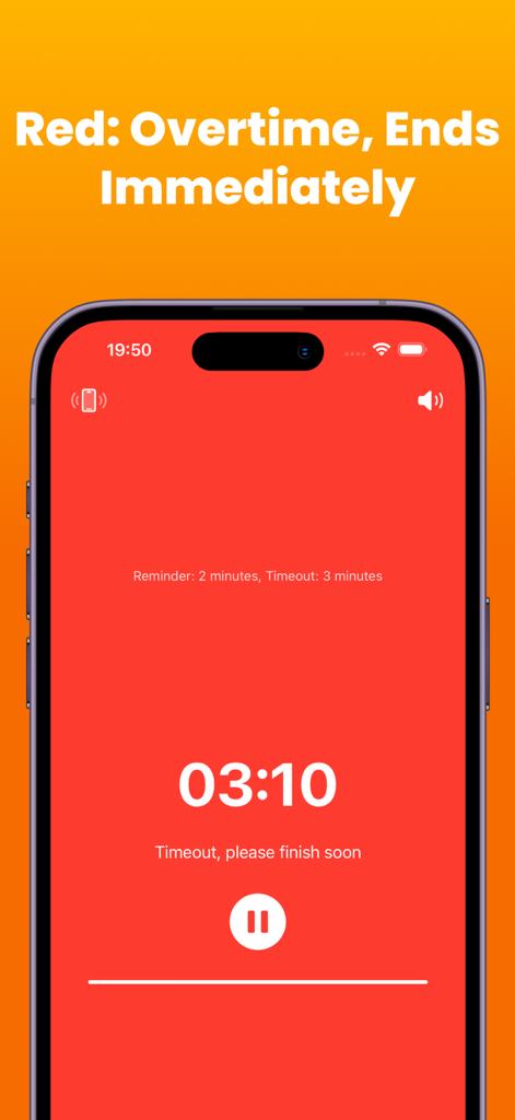 Interfaz de la aplicación PaceTimer que muestra una pantalla roja para el estado de tiempo extra con un temporizador digital