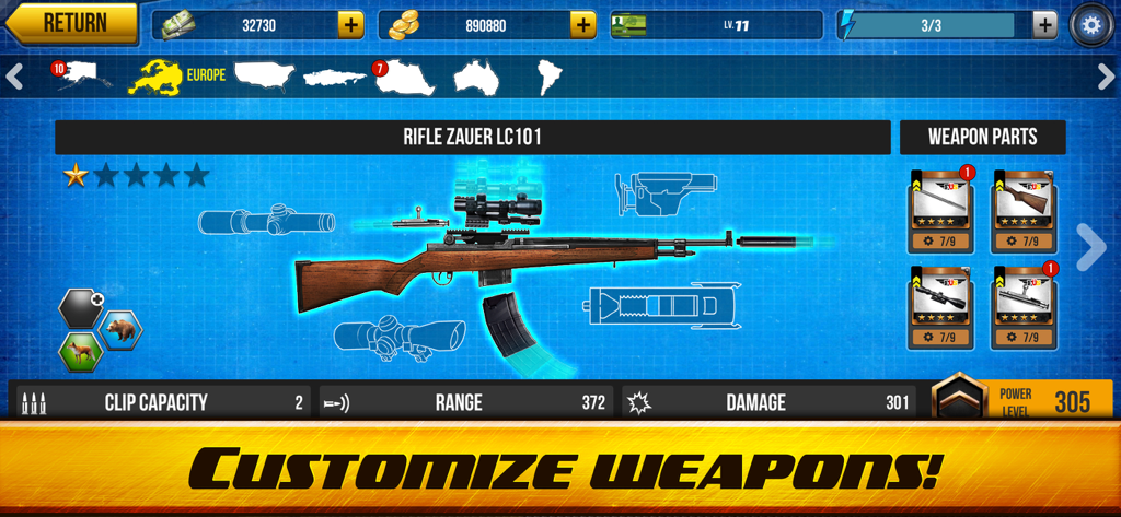 Menú del juego para personalizar un rifle de caza con varias miras y piezas en Wild Hunt Hunter Simulator