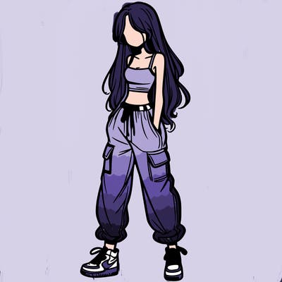 girl in baggy pants crop top and long hair