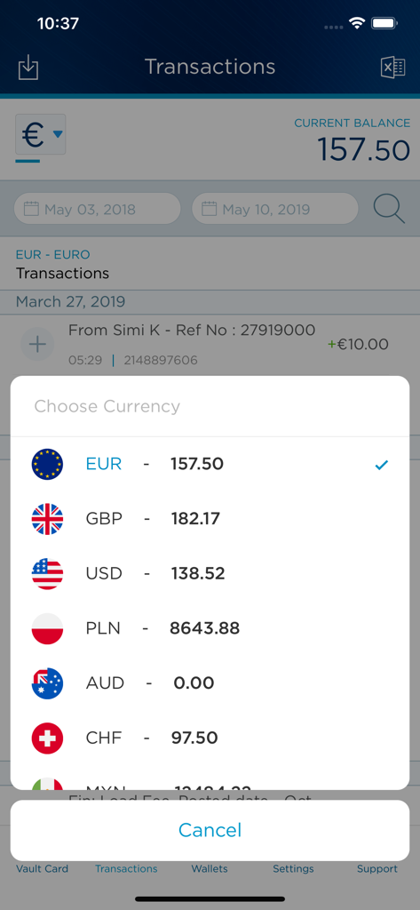 Vault – Borderless Banking - Multi-currency selection screen in the Vault borderless banking app showing various world currencies and account balances