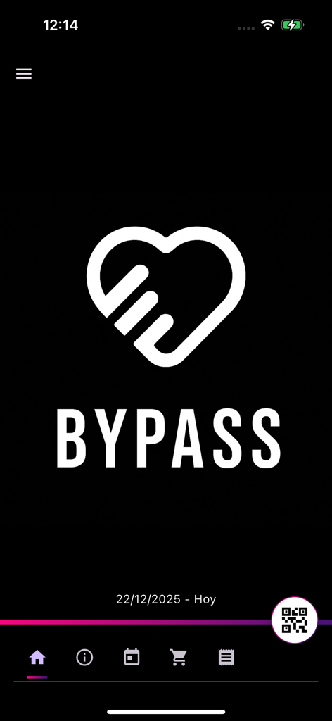 Interface do aplicativo Efesur Passageiros mostrando o logotipo da boate Bypass e o botão de entrada com código QR em um fundo escuro