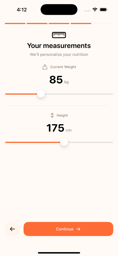 Calor - Calories Tracker - Calor app onboarding screen for entering weight and height