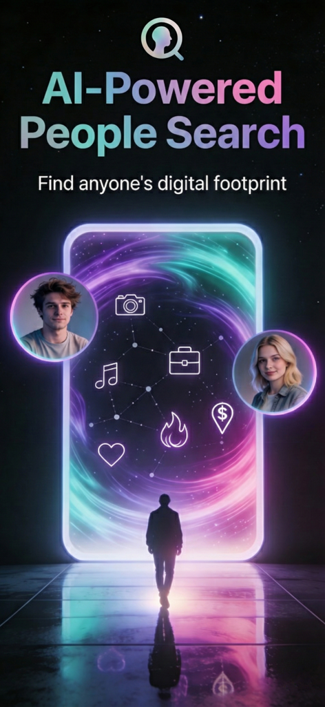 DeepSearch KI-Personensuche App-Bildschirm zeigt die Entdeckung des digitalen Fußabdrucks mit Social-Media- und Datensymbolen