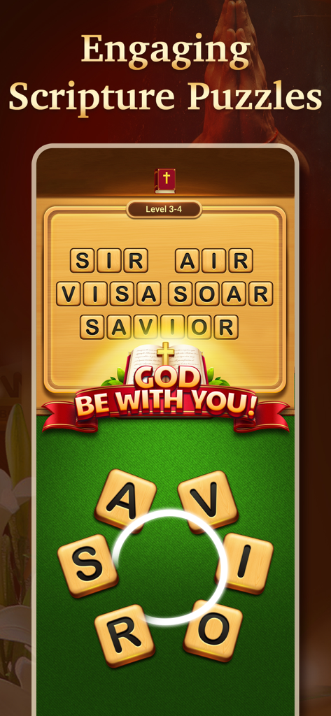 A word connect puzzle game screen featuring scripture based words like Savior and Soar with a religious theme and praying hands background.