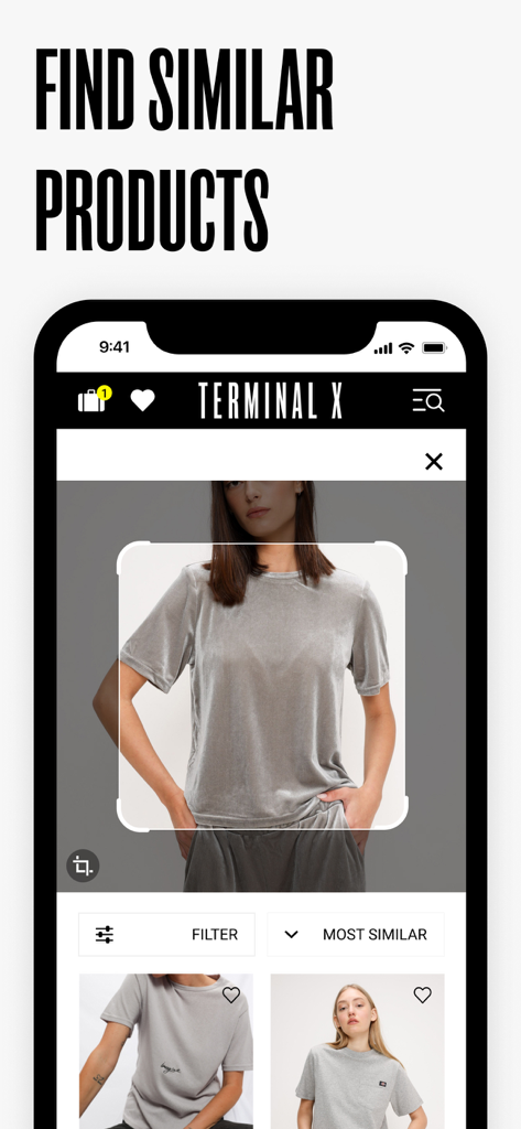 TERMINAL X - Terminal X app interface showing the visual search feature to find similar fashion products.