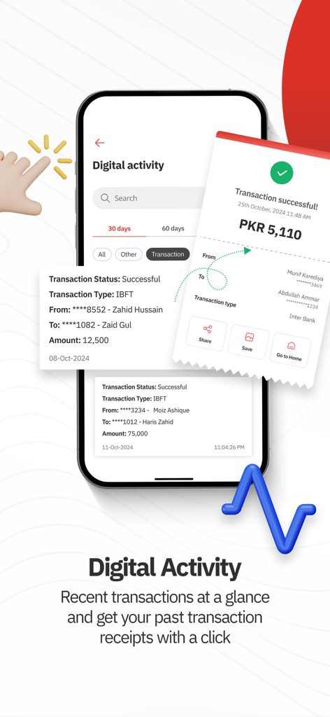 L'app Alfa di Bank Alfalah mostra le transazioni digitali recenti e una ricevuta di pagamento andato a buon fine