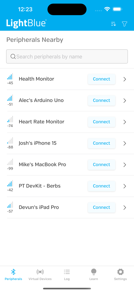 LightBlue app showing a list of discovered Bluetooth Low Energy peripherals with signal strength