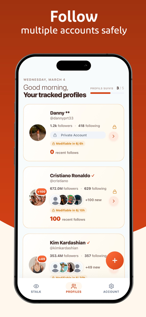 Eyko: Recent Follow Tracker - Interfaz de la aplicación Eyko que muestra un panel de perfiles rastreados con actividad de seguidores reciente.