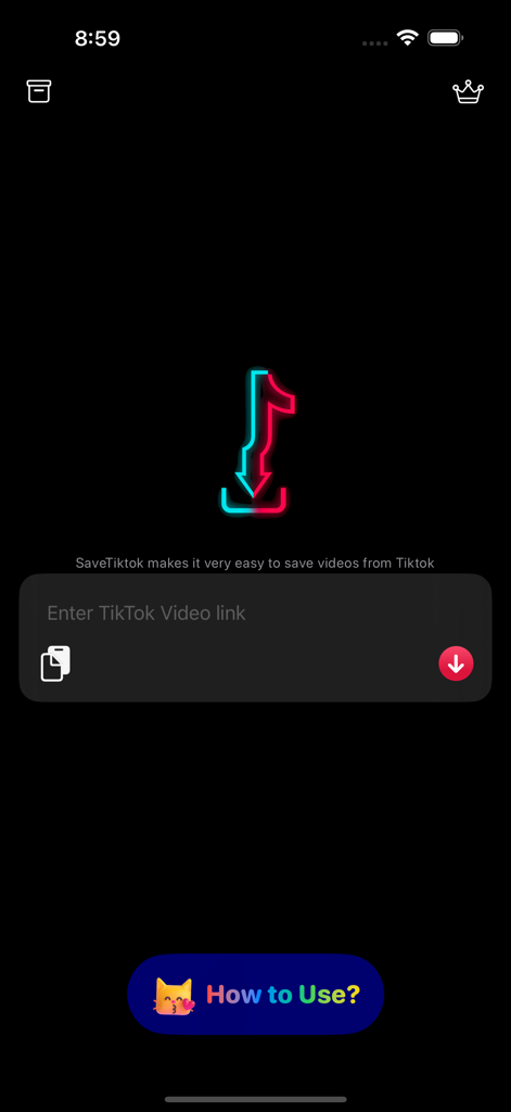 SaveTik : TikTok Videos Saver - Tela inicial do aplicativo SaveTik com um campo de texto para colar um link de vídeo do TikTok para download.