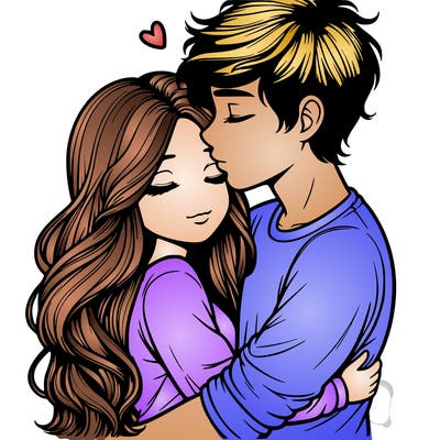 a realistic couple boy and girl hugging and kissing
