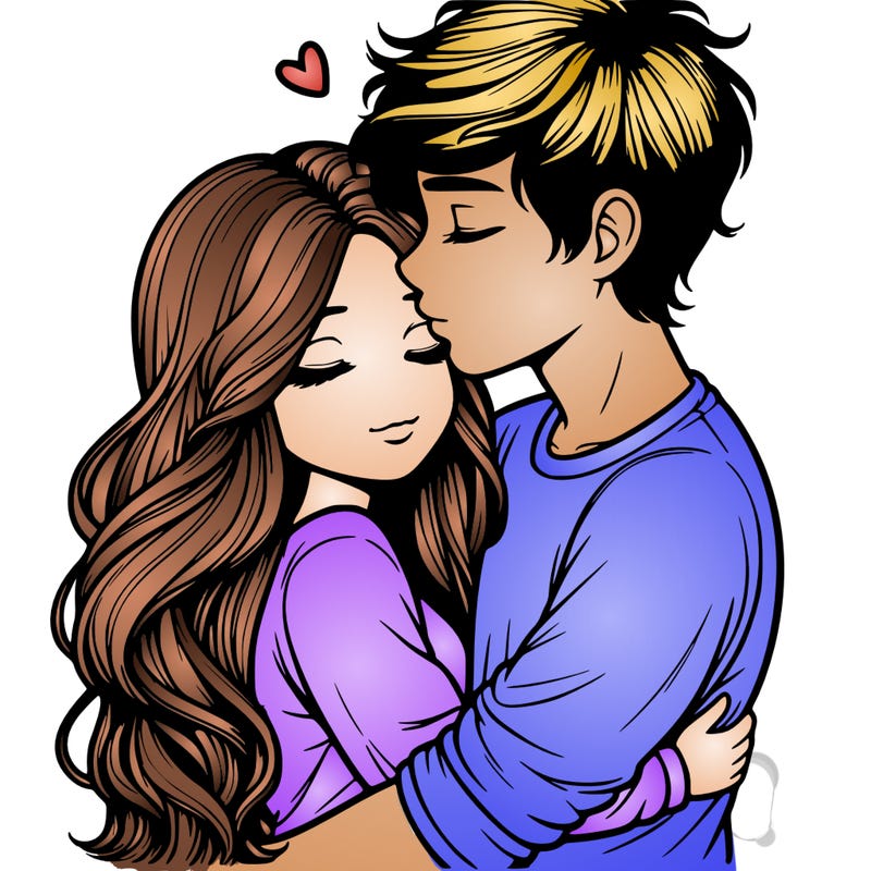 a realistic couple boy and girl hugging and kissing