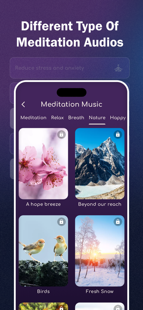 Meditation - Relax & Sleep - A variety of nature-themed meditation music tracks including birds and snow scenes