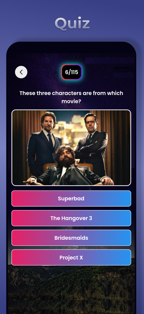 A movie trivia quiz screen in the MyFlix app showing a cast photo and multiple choice questions.