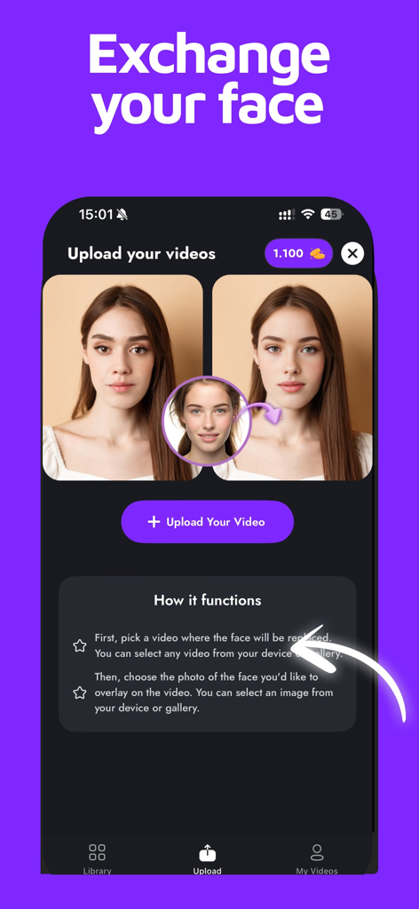 AI Face Swap Video Maker-ToVid - Interface showing how to upload a video for AI face swapping in the ToVid app
