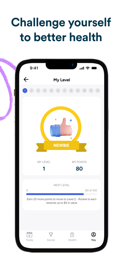 Perx Health app interface showing user points and levels progress to earn health rewards