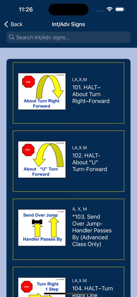 Una lista de señales de AKC Rally de nivel intermedio y avanzado en la aplicación Pocket Rally.