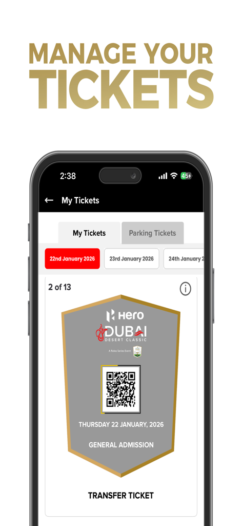 QR 코드와 티켓 세부 정보가 포함된 히어로 두바이 데저트 클래식 일반 입장 디지털 티켓을 보여주는 모바일 앱 화면