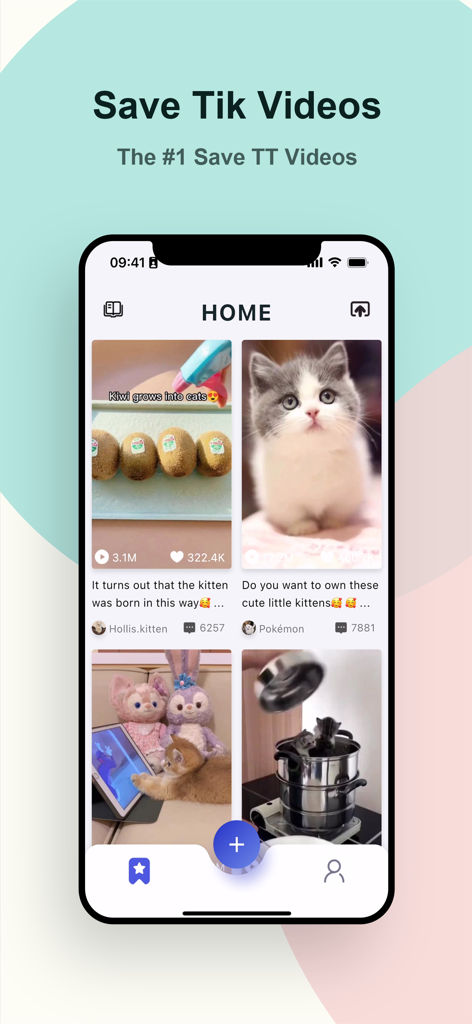 Tikcd app interface showing saved TikTok videos in a feed.