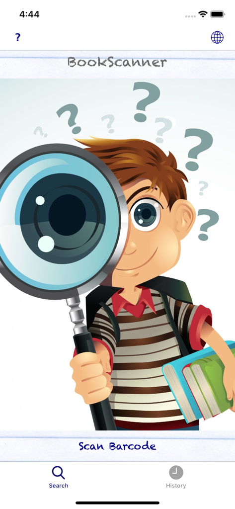 BookScanner Book Leveler App - BookScannerアプリのホーム画面。虫眼鏡を持つ生徒のイラストと、バーコードスキャンボタンが表示されている