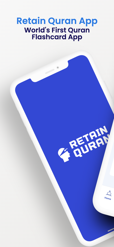 Retain Quran: Learn & Memorize - Pantalla de inicio de la aplicación Retain Quran con el lema 'La Primera Aplicación de Tarjetas de Memoria del Corán del Mundo' en una interfaz de smartphone azul