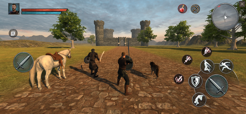 Ertugrul Gazi 2: Sword Games - エルトゥールル・ガジ 2のゲームプレイ。中世の要塞の前に戦士、馬、ペットのオオカミが登場