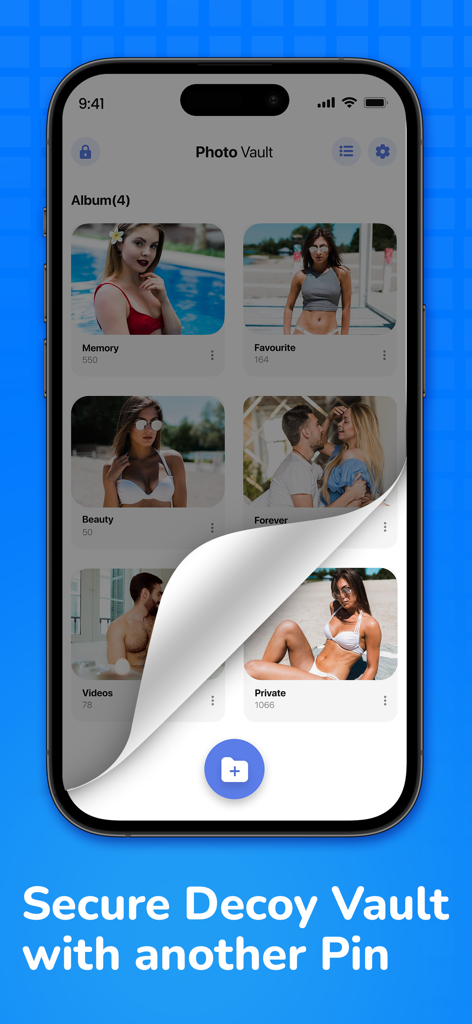 Locksy: Photo Vault & Lock - Smartphone screen showing the Locksy app interface with a page peel effect revealing a secret private photo album and decoy vault feature