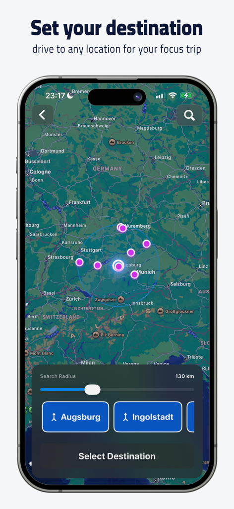 FocusDrive: Focus Timer - FocusDrive app interface showing a map of Germany with various pins to select a destination for a simulated focus journey.