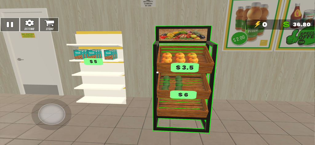 Supermart Manager 3D Simulator - Gameplay de Supermart Manager 3D Simulator mostrando estantes de comestibles y un puesto de productos.