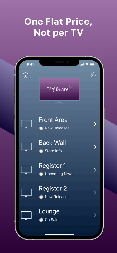 DigiBoard Remote - DigiBoard Remote app interface showing management of multiple digital signage screens with a flat price model