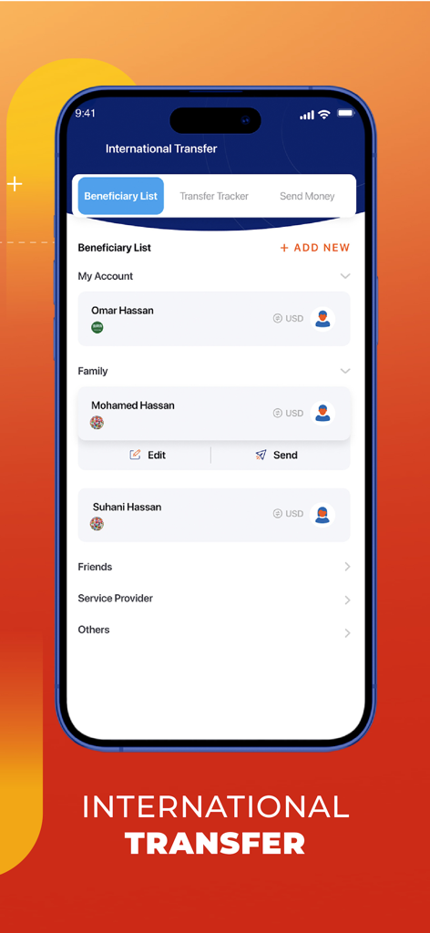 tiqmo - TIQMO 앱 인터페이스, 수신자 목록에 국제 송금 표시, 추가 또는 송금 옵션 포함