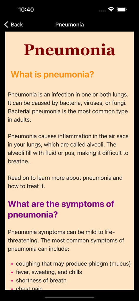 Écran éducatif expliquant les définitions et les symptômes de la pneumonie dans une application médicale.