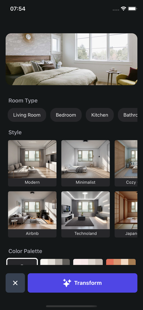 Home Design AI: Roomly - The Roomly AI app interface showing room type selection and interior design styles like modern and minimalist