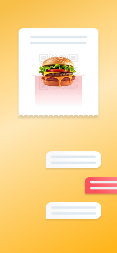 DeliWare - Food Delivery - Digital receipt with a double cheeseburger and chat message bubbles on a yellow background