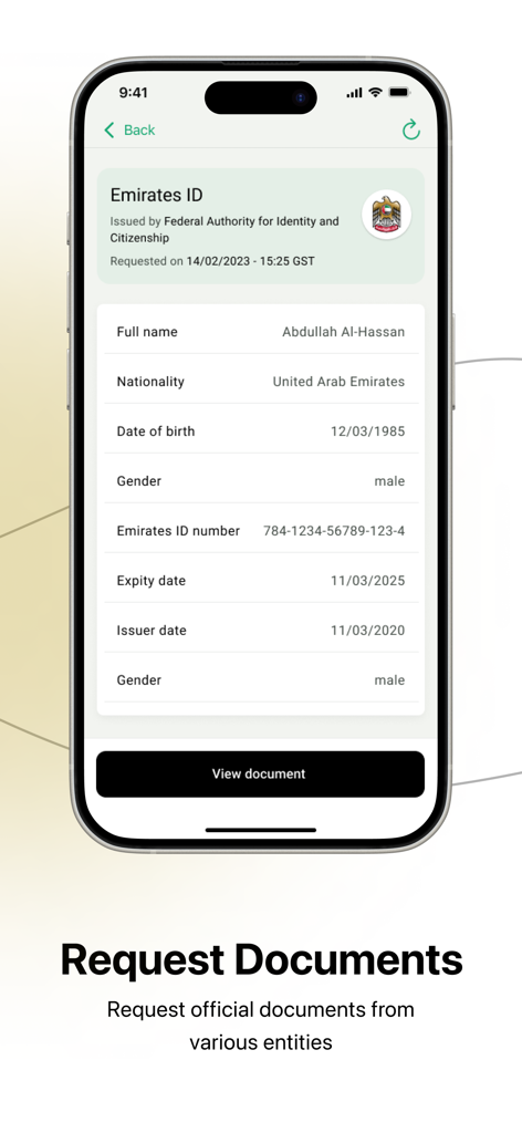 Smartphone screen showing a digital Emirates ID document inside the UAE PASS app with the option to request official documents.