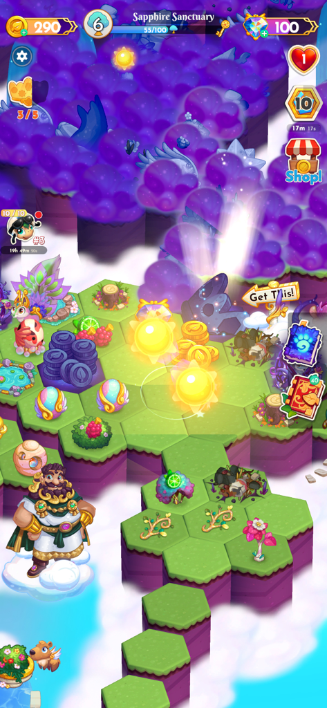 Midas Merge: Relaxing Games - King Midas standing on a cloud overlooking a hexagonal garden grid where sunbursts are clearing purple clouds of darkness.