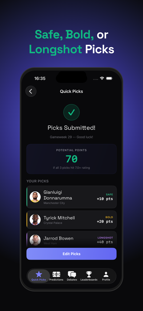 Opinex App - Bildschirm der Opinex-App, der eingereichte Fußballspielerauswahlen mit den Kategorien „Safe Bold“ und „Longshot“ zeigt