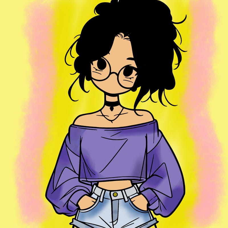 girl with a messy ponytail glasses a baggy crop top and jean shorts