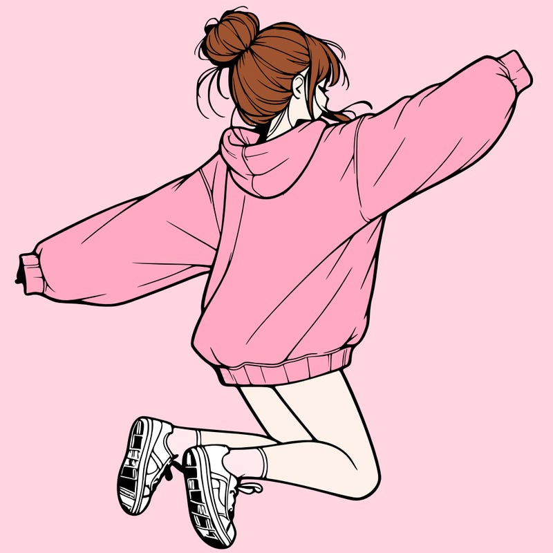 realistic girl jumping with a bun and oversized sweatshirt