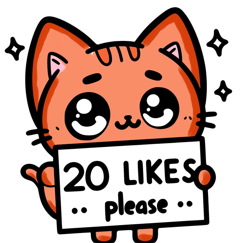 a cat that is holding a sign that says 20 likes please