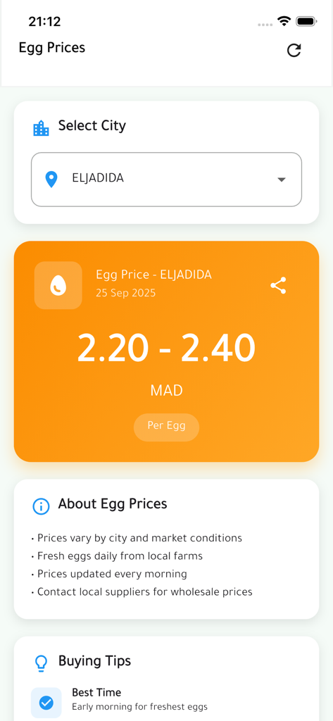 Écran de suivi des prix journaliers des œufs sur le marché de volaille Flipa.