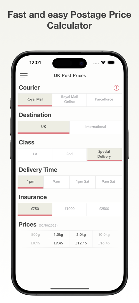 UK Post Prices - A smartphone screen displaying the UK Post Prices app interface with Royal Mail shipping cost options and rates