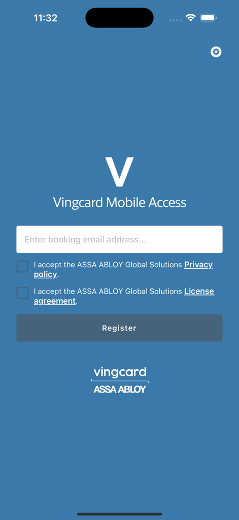 Registration screen of the Vingcard Mobile Access app with email input and register button