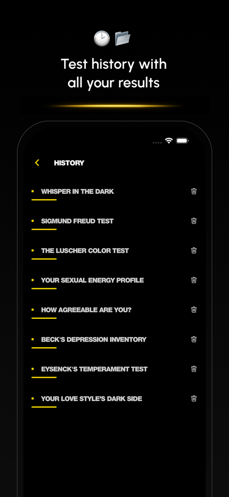 Smartphone screen showing the history of completed psychological tests and quizzes.