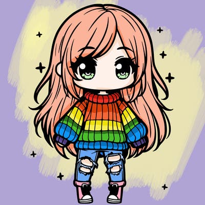 chibi girl with ripped jeans,long hair, and an oversized sweater