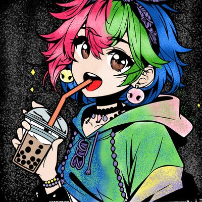 hot baddie anime girl drinking boba and biting the straw