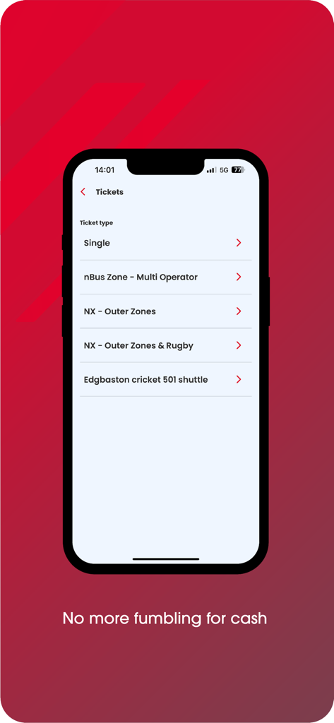 NX Bus mTicket app displaying a list of ticket types for selection on a mobile device