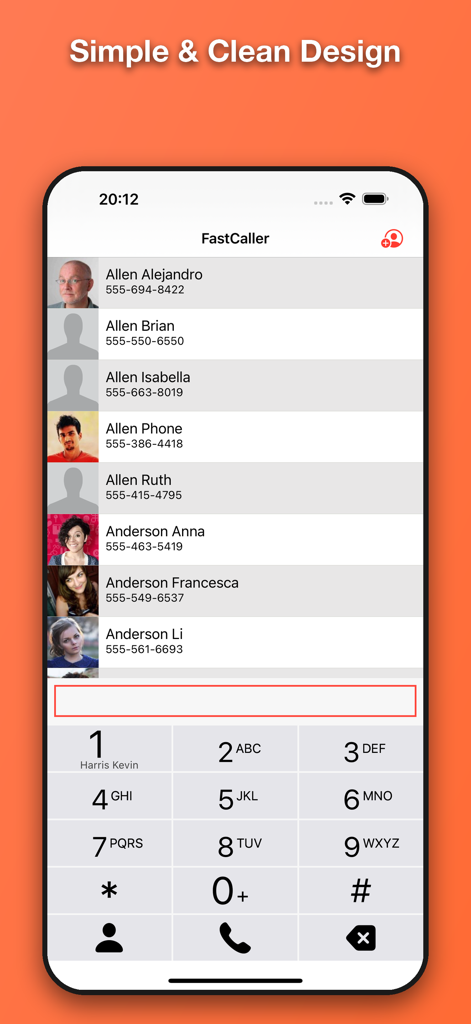 FastCaller - FastCaller user interface featuring a contact list and T9 dialer keypad