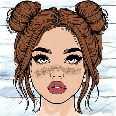 realistic girl with two buns on her hair and lips
