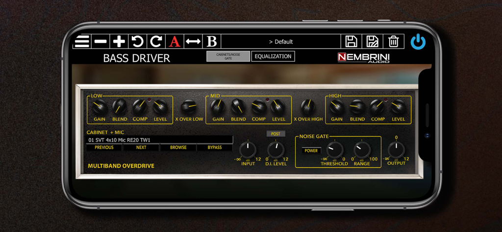 Bass Driver - Nembrini Audio Bass Driverのマルチバンドオーバードライブとアンプシミュレーターのインターフェース